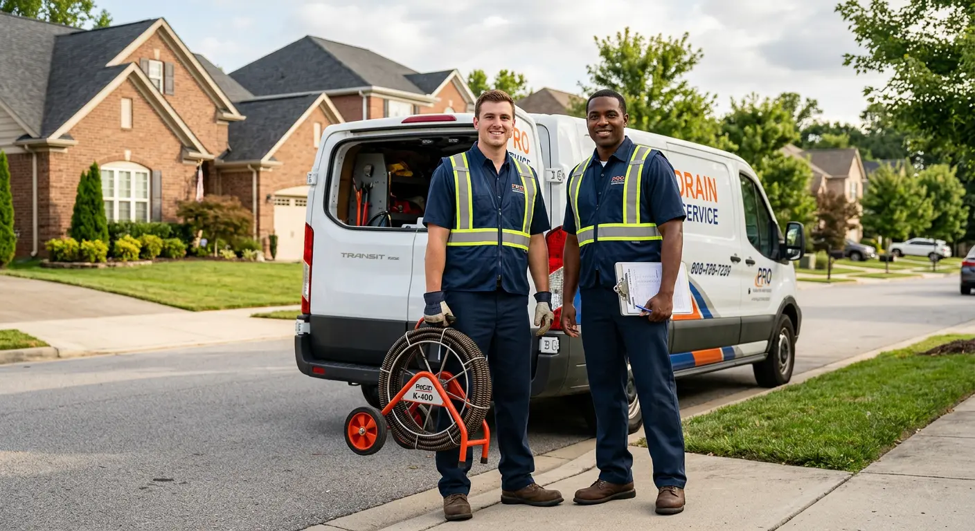Sewer and drain service team with equipment ready for work in Hickory