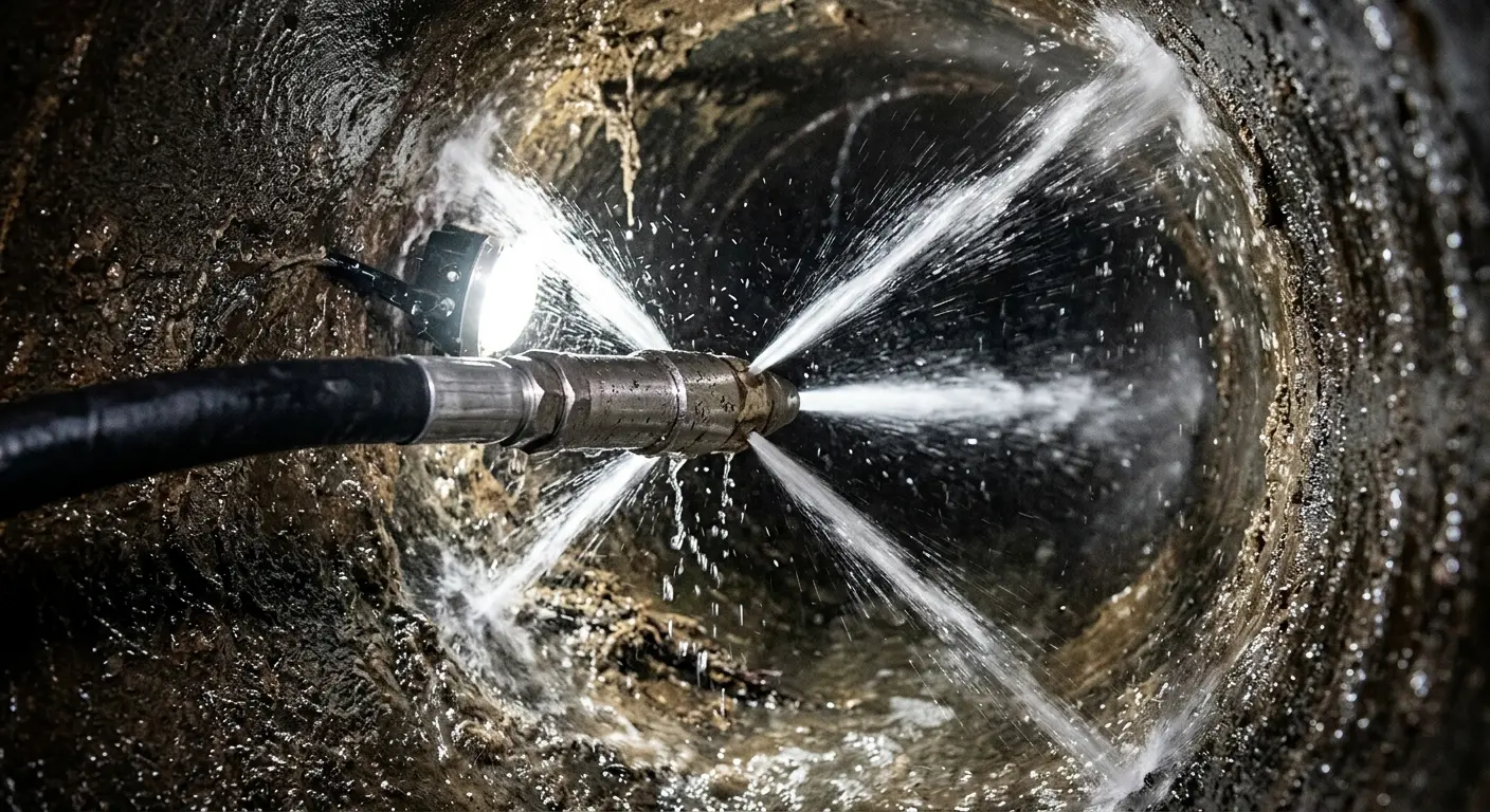 High-pressure hydro jetting nozzle cleaning sewer pipe for Emergency Drain Service in Hickory