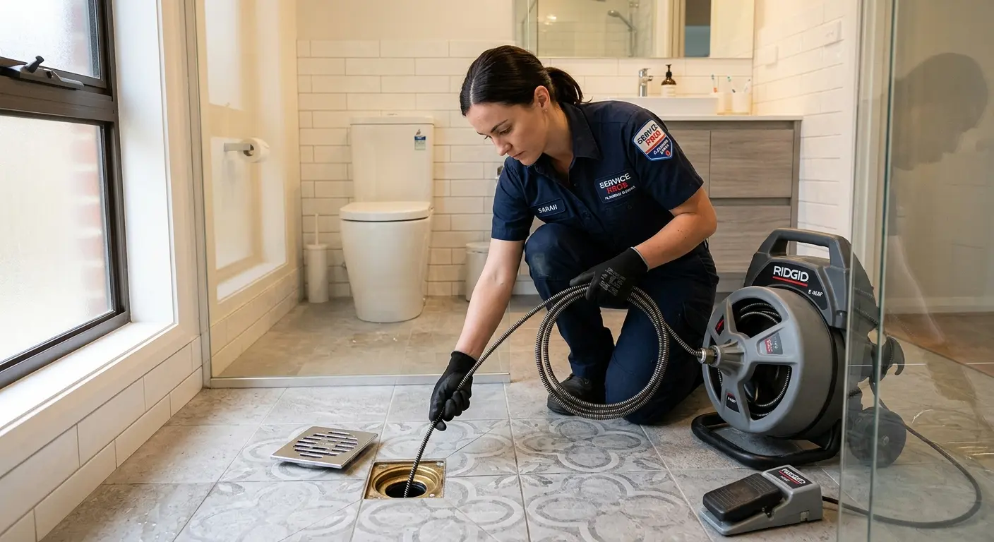 Technician clearing a bathroom floor drain for Drain Cleaning in Hickory